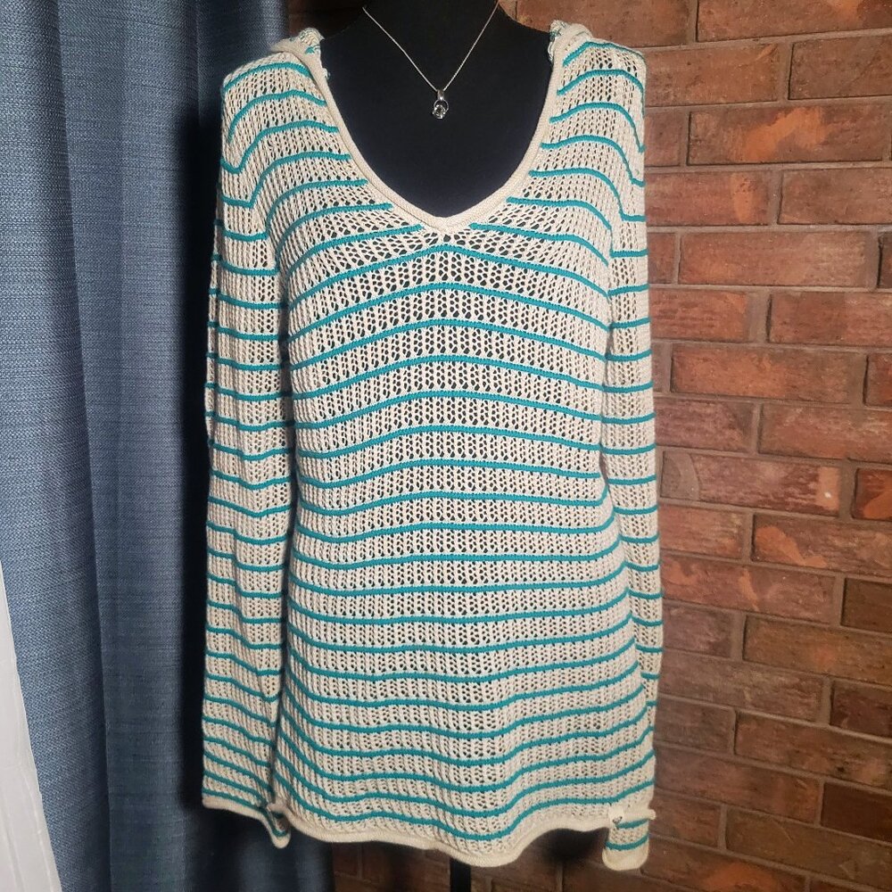 Roxy Hippie Love Open Stitch Teal/White Loose Knit Hoodie Sweater Coverup - XL